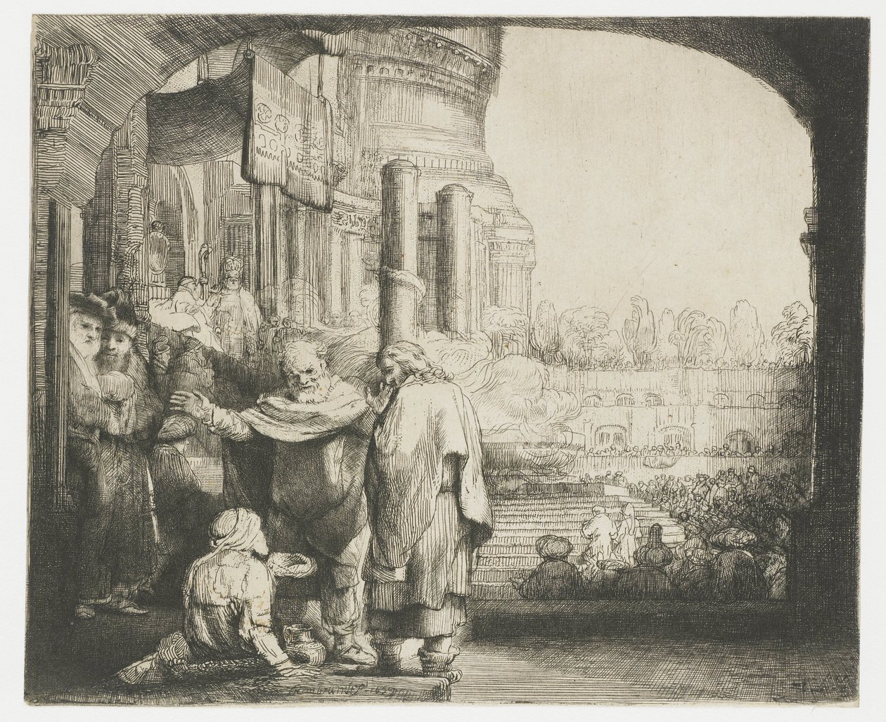 Petrus ve Yuhanna tapınağın kapısında sakatı iyileştiriyor by Rembrandt van Rijn