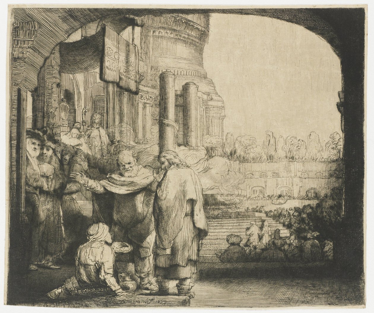 Petrus ve Yuhanna tapınağın kapısında sakatı iyileştiriyor by Rembrandt van Rijn