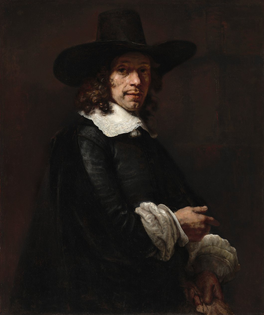 Uzun Şapkalı Eldivenli Bir Beyefendinin Portresi, c. 16561658. by Rembrandt van Rijn