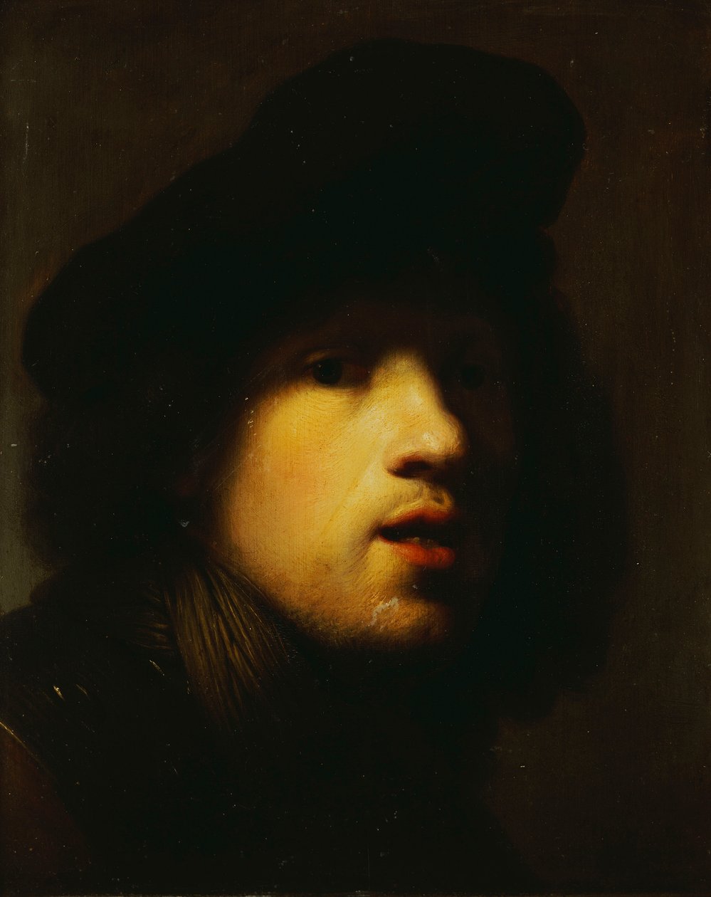 Sanatçının portresi, baş ve omuzlar, siyah bir bere ve bir gorget içinde by Rembrandt van Rijn