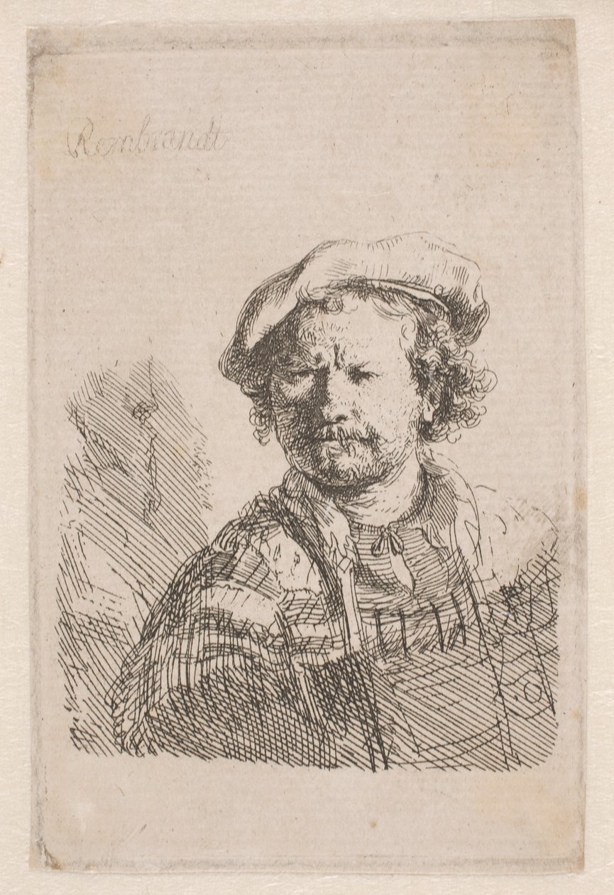 Omuzlarında bir şal ile düz bir şapka içinde Rembrandt by Rembrandt van Rijn