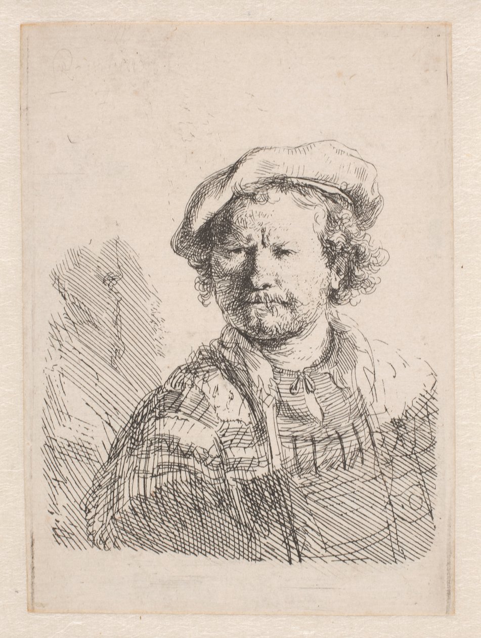 Omuzlarında bir şal ile düz bir şapka içinde Rembrandt by Rembrandt van Rijn