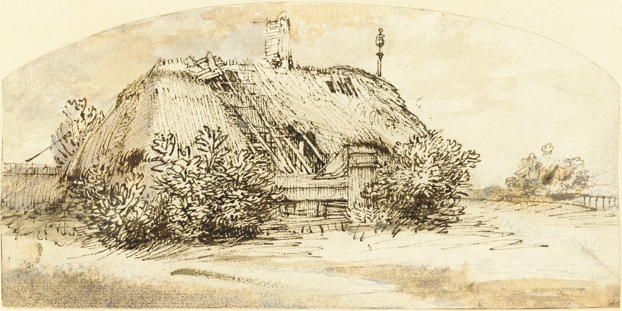 Çalılarla büyümüş harap sazdan yazlık by Rembrandt van Rijn