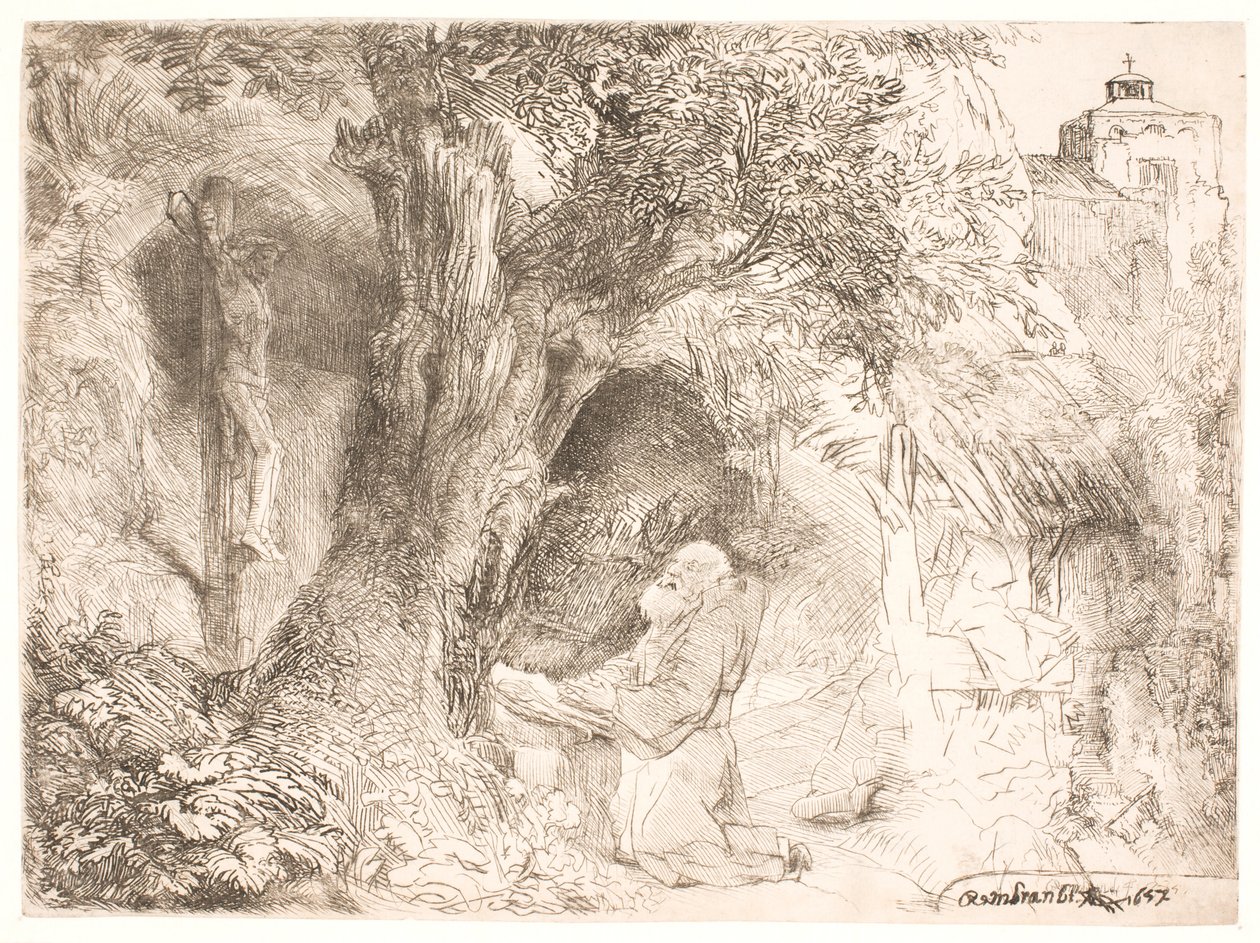 S. Francis bir ağacın altında dua ediyor by Rembrandt van Rijn