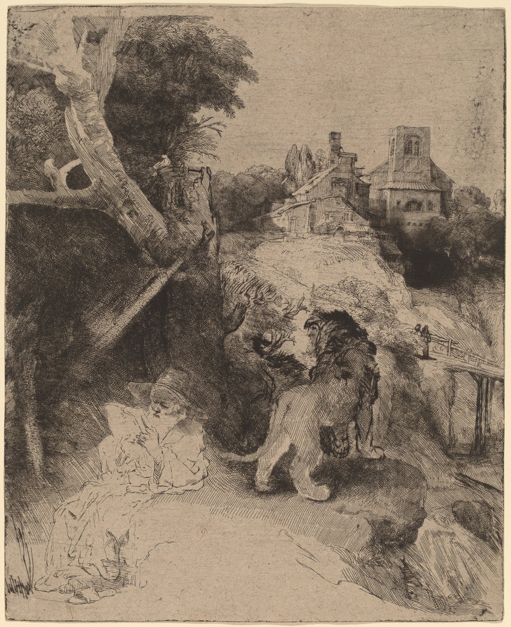 Bir İtalyan Manzarasında Aziz Jerome Okuma by Rembrandt van Rijn