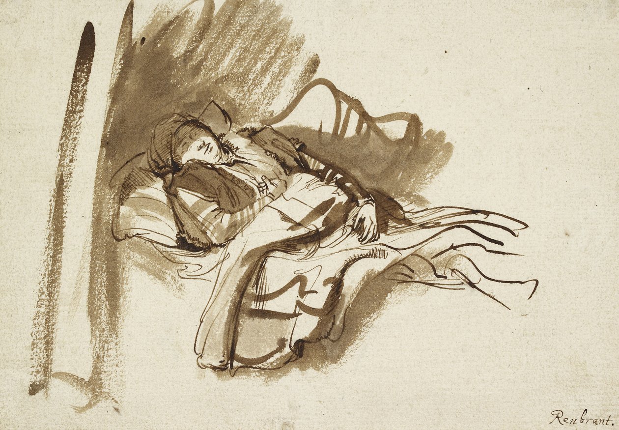 Saskia yatakta uyuyor (kalem ve kahverengi mürekkep) by Rembrandt van Rijn