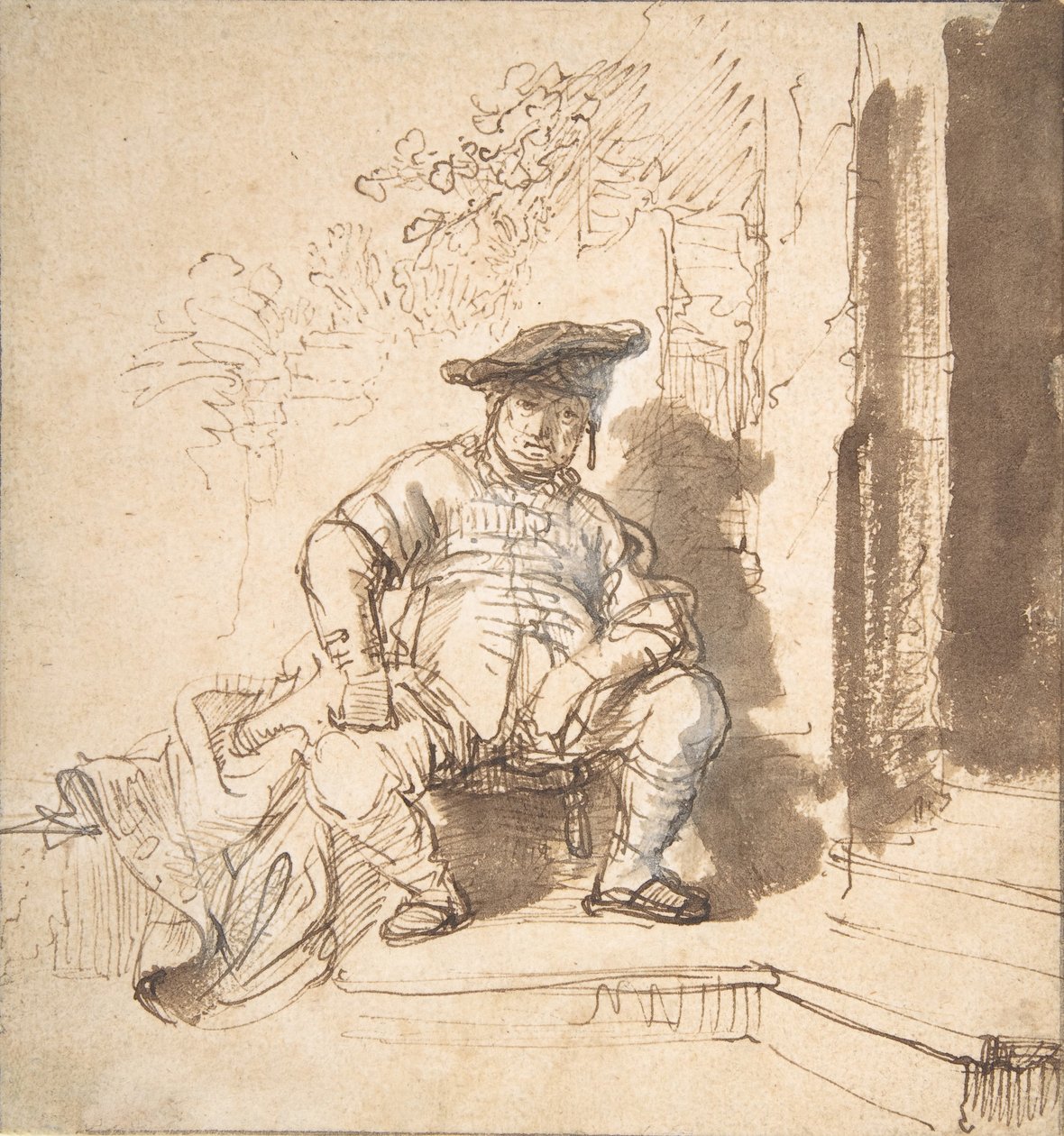Oturan, Düz Şapkalı Adam, 1635-40. by Rembrandt van Rijn