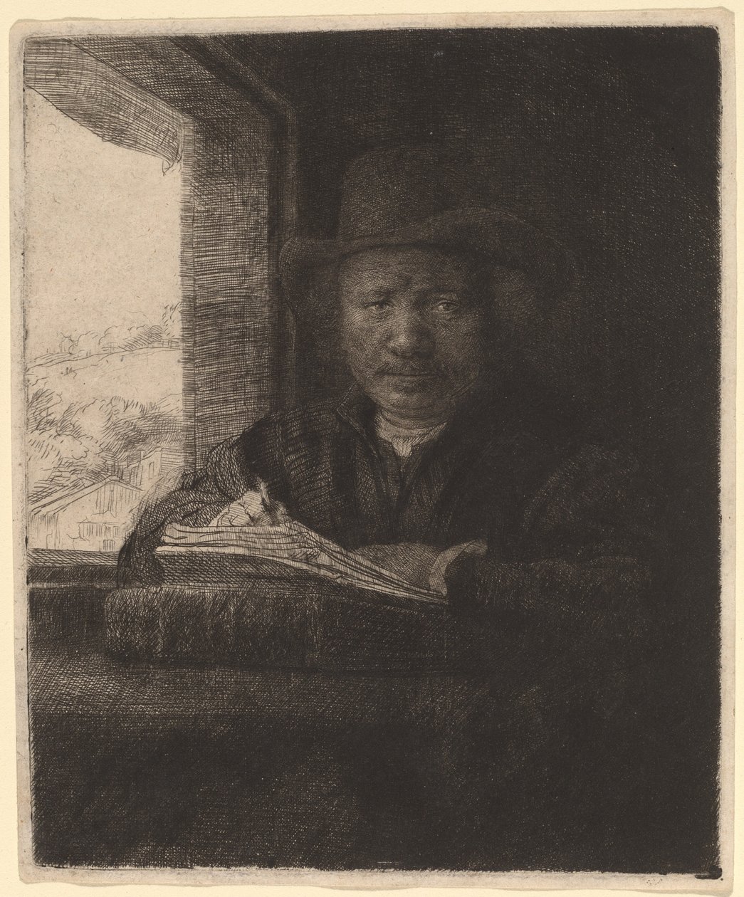 Bir Pencerede Kendi Kendine Portre Çizimi by Rembrandt van Rijn