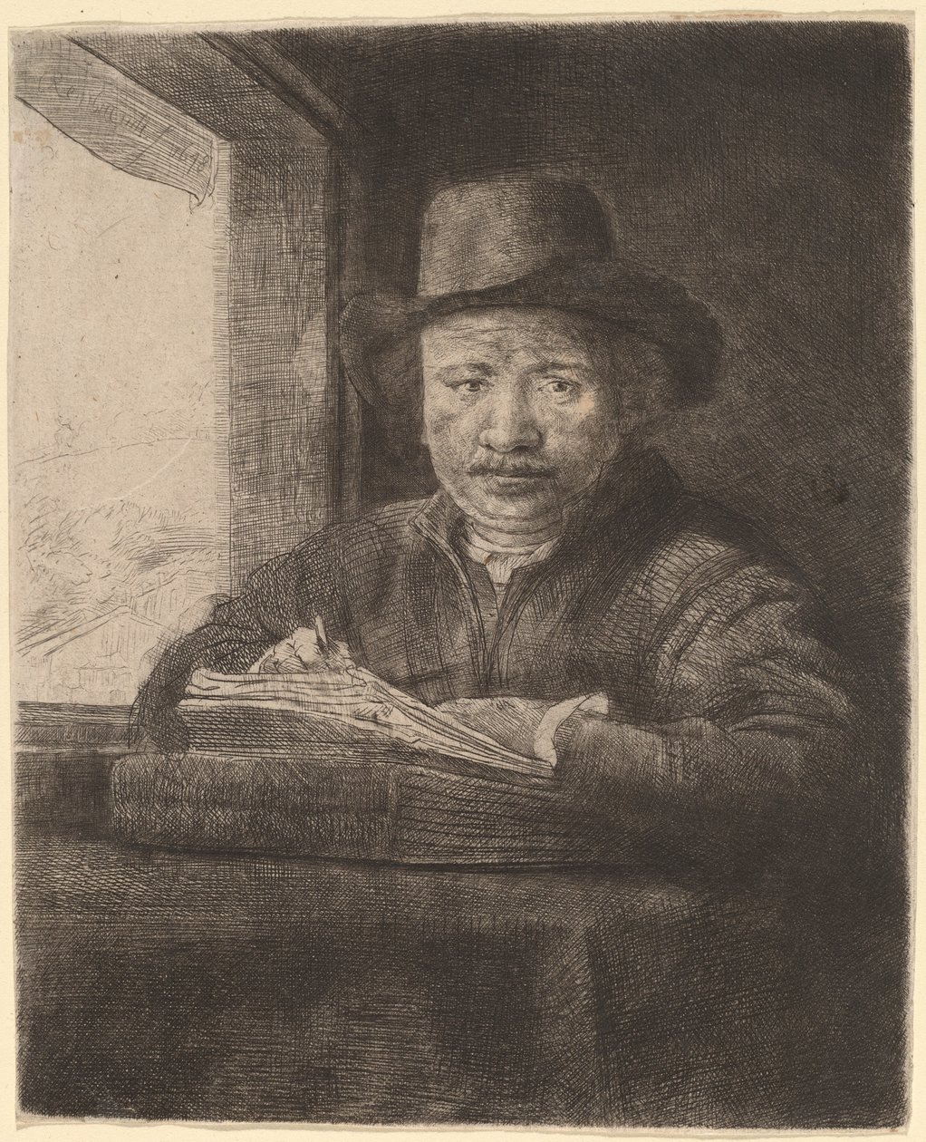Bir Pencerede Kendi Kendine Portre Çizimi by Rembrandt van Rijn