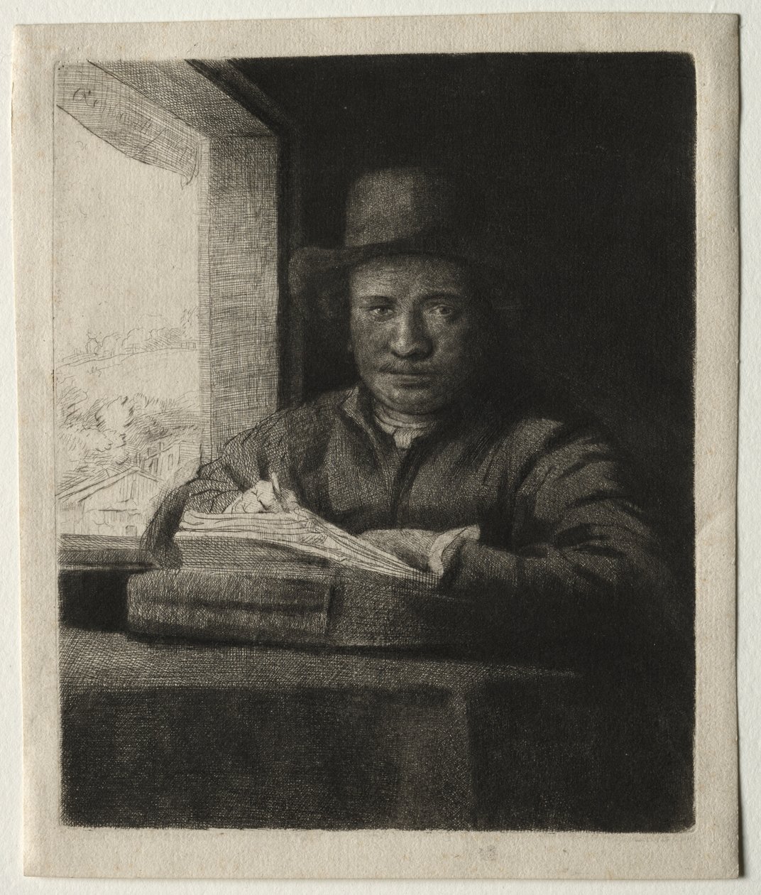 Bir Pencerede Kendi Kendine Portre Çizimi by Rembrandt van Rijn