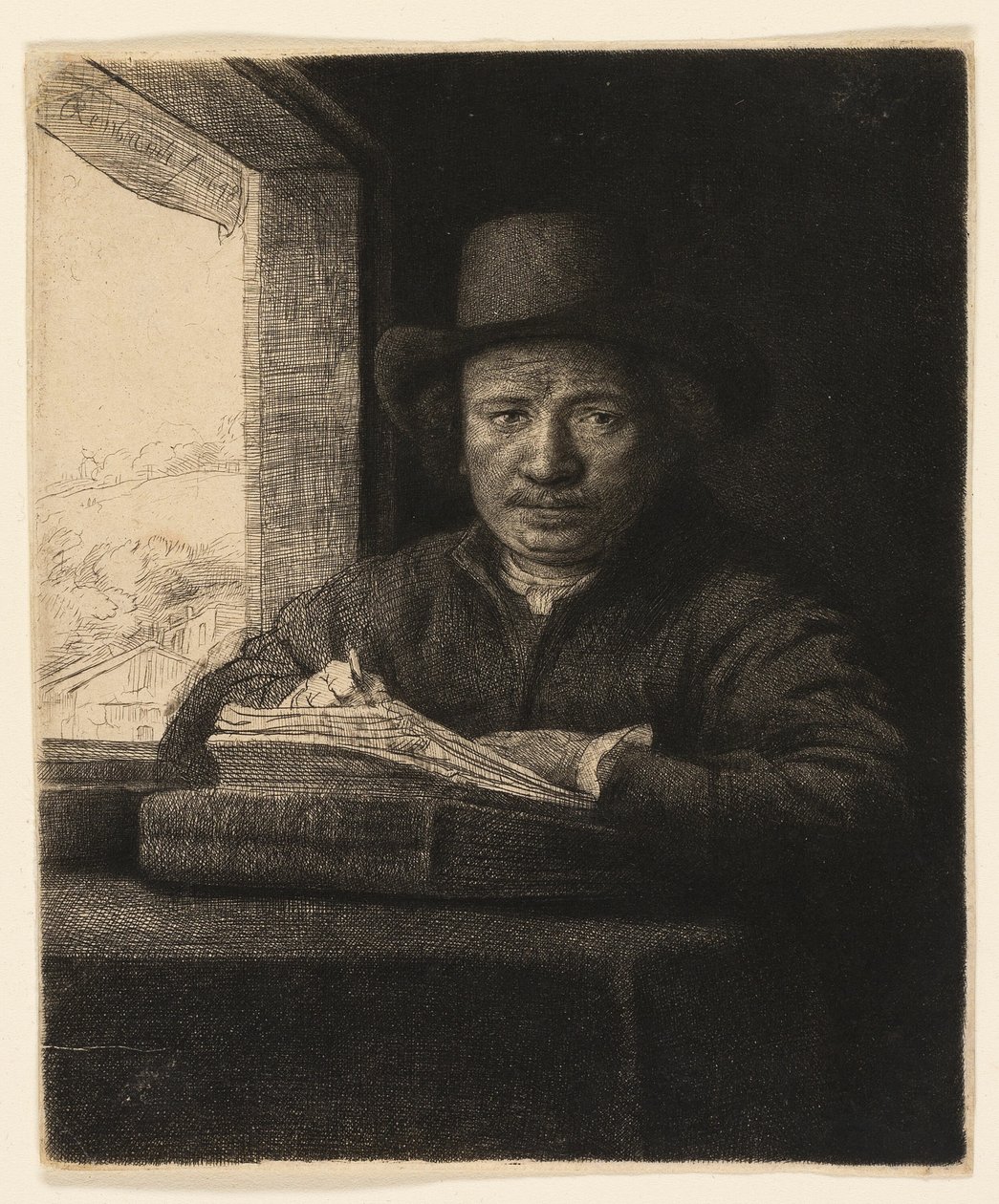 Bir Pencerede Otoportre Gravür by Rembrandt van Rijn