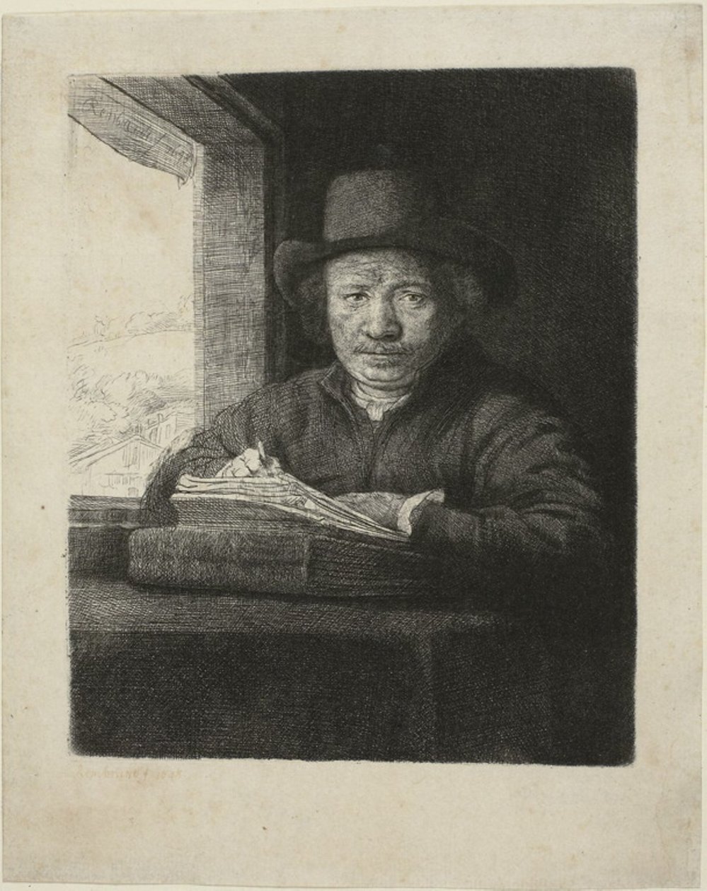 Bir Pencerede Otoportre Gravür by Rembrandt van Rijn