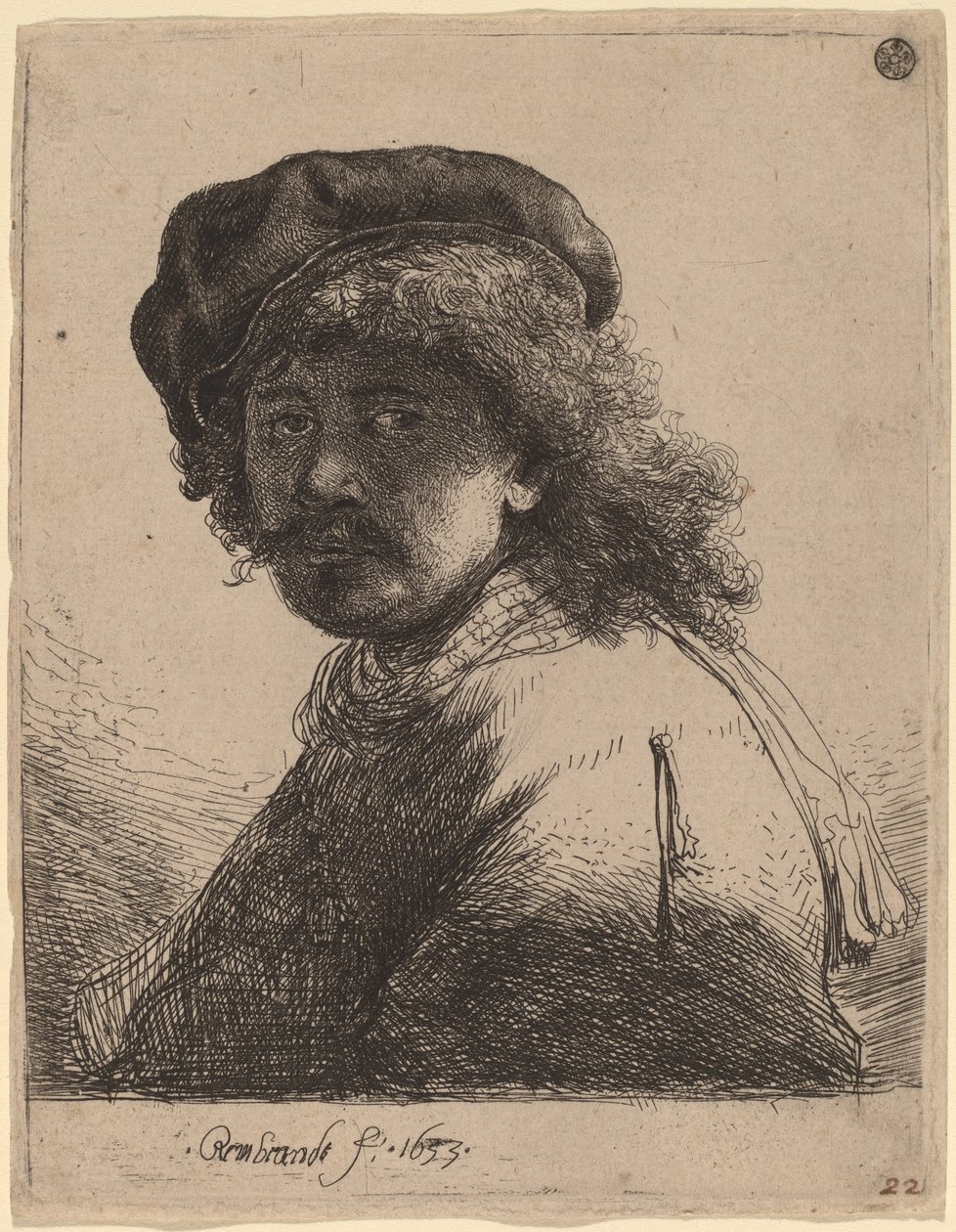 Koyu Yüzlü Şapkalı ve Atkılı Otoportre by Rembrandt van Rijn