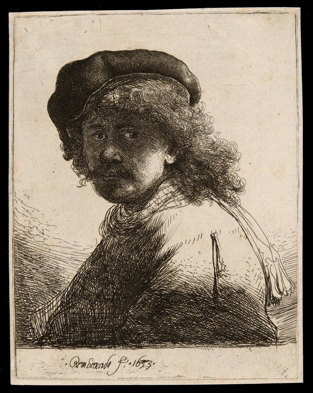 Koyu Yüzlü Şapkalı ve Atkılı Otoportre: Göğüs by Rembrandt van Rijn