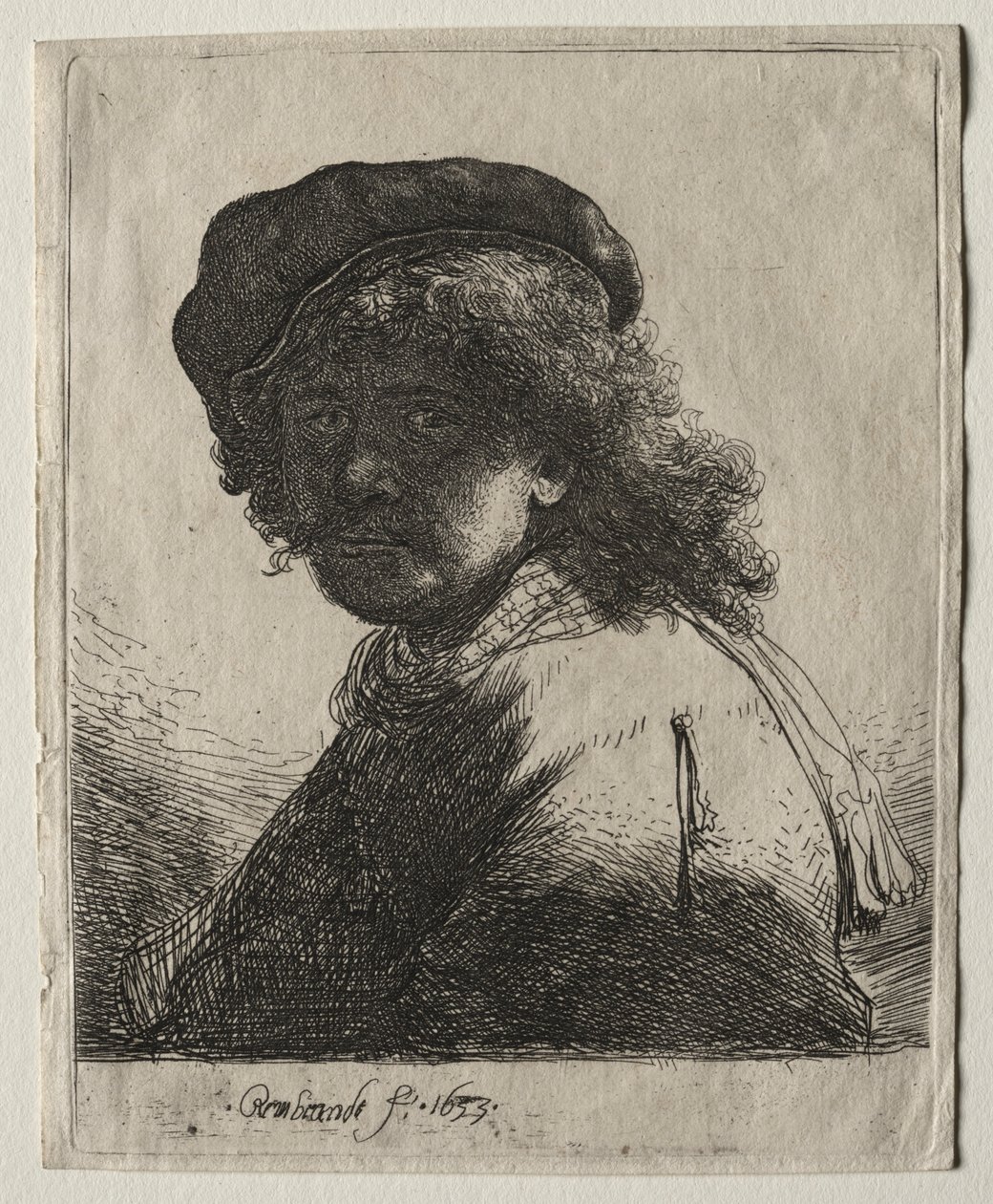 Yüz Karanlık Olan Şapkalı ve Atkılı Otoportre: Göğüs, 1633. by Rembrandt van Rijn