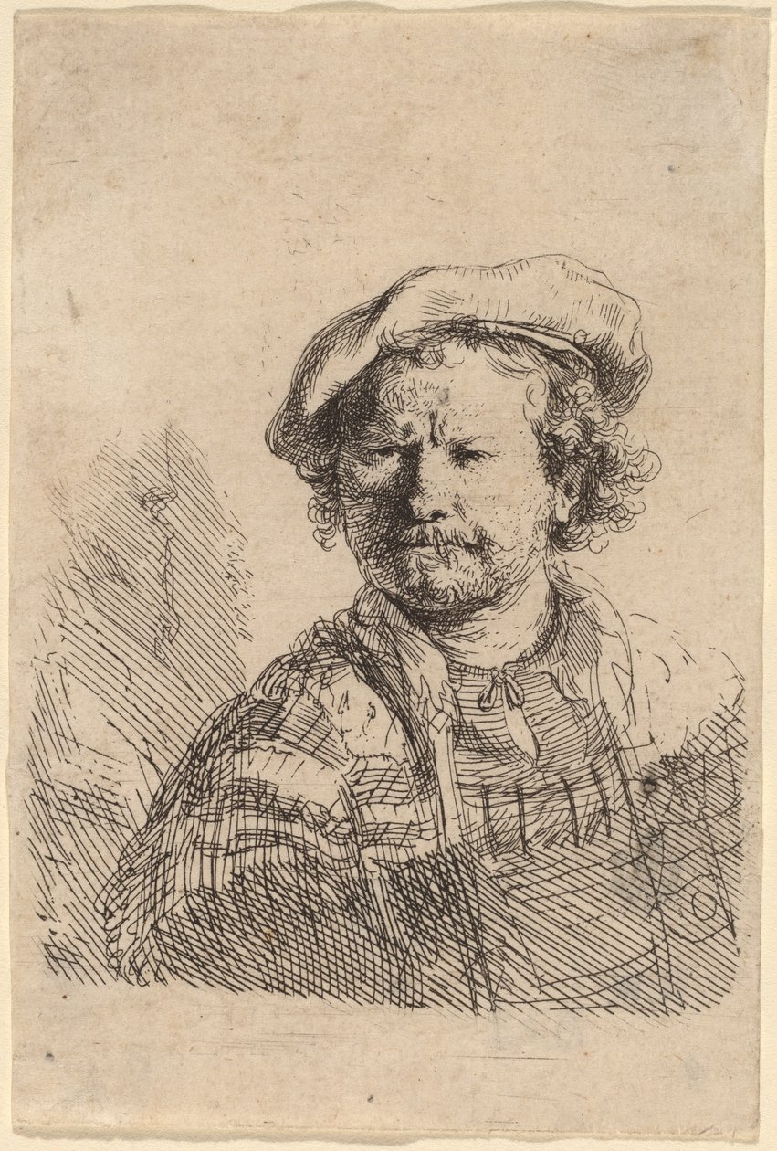 Düz Şapkalı ve İşlemeli Elbiseli Otoportre by Rembrandt van Rijn