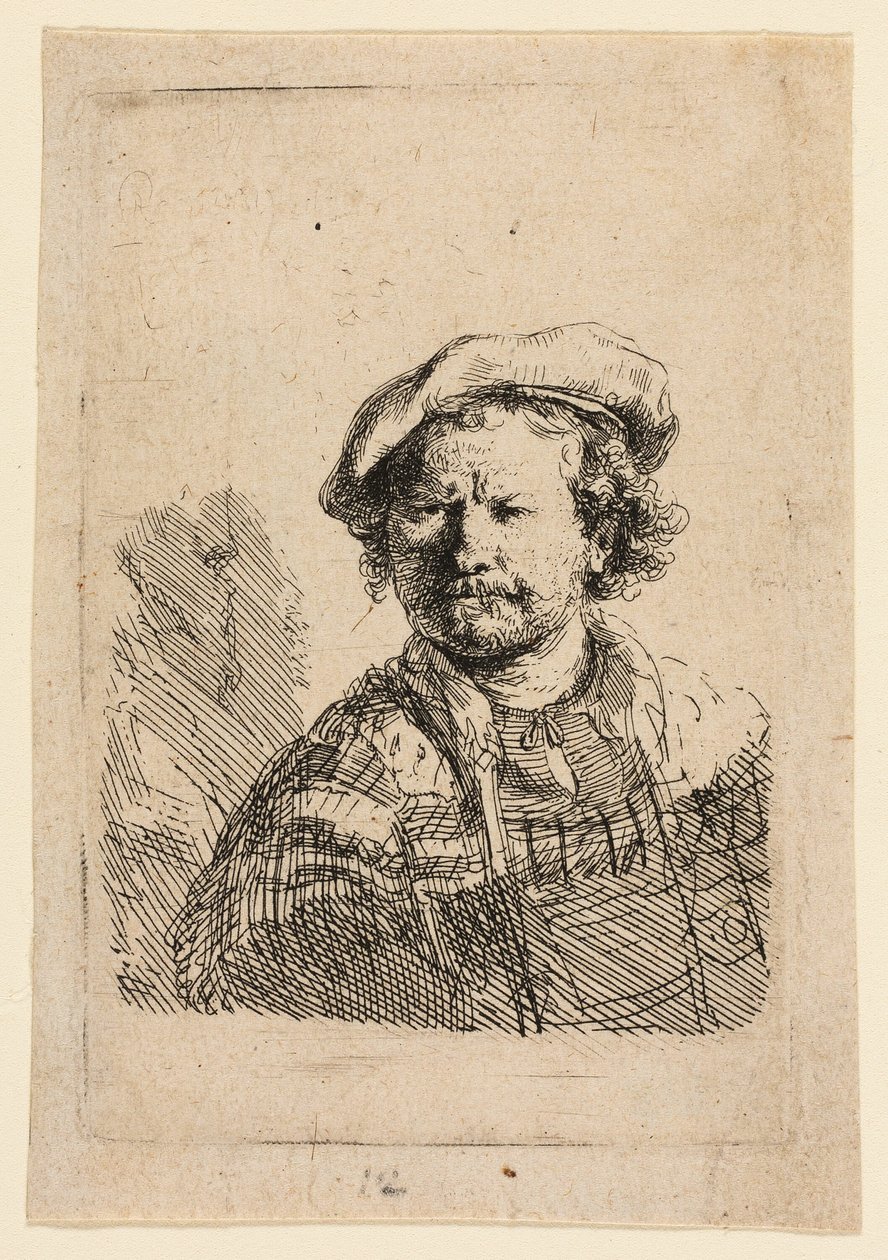 Düz Şapkalı ve İşlemeli Elbiseli Otoportre by Rembrandt van Rijn