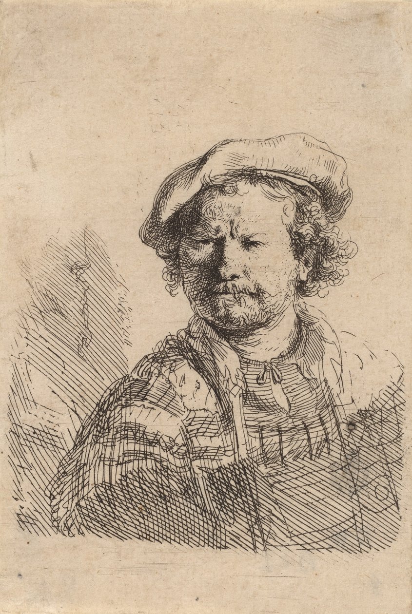Düz Şapkalı ve İşlemeli Elbiseli Otoportre, c. 1642. by Rembrandt van Rijn