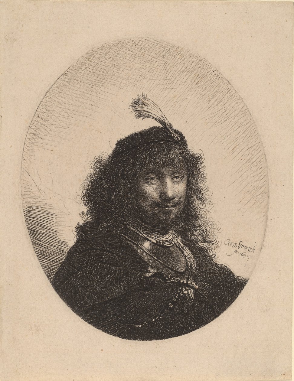Tüylü Başlıklı ve Alçaltılmış Kılıçlı Otoportre, 1634. by Rembrandt van Rijn