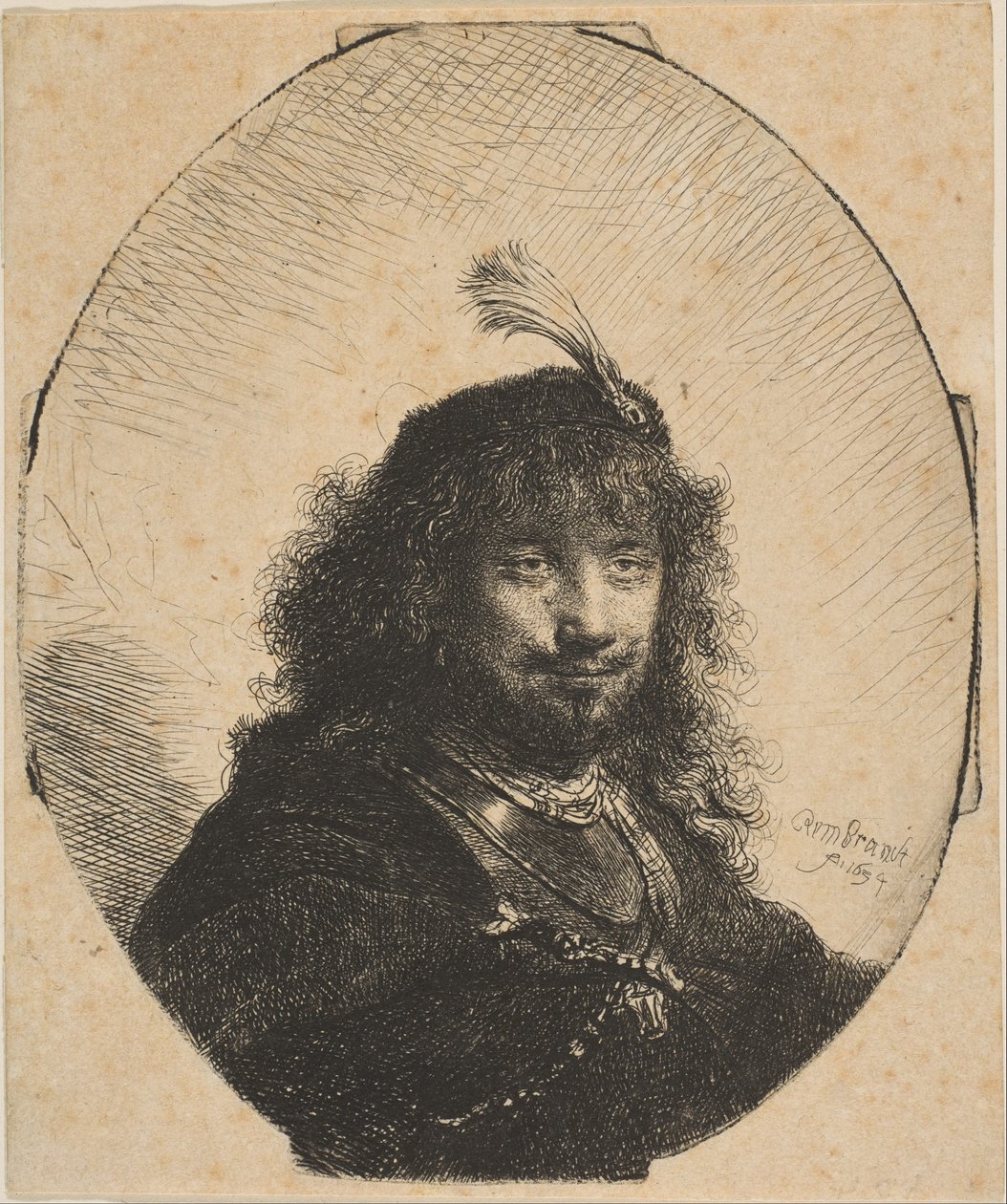 Tüylü Başlıklı ve Alçaltılmış Kılıçlı Otoportre, 1634. by Rembrandt van Rijn
