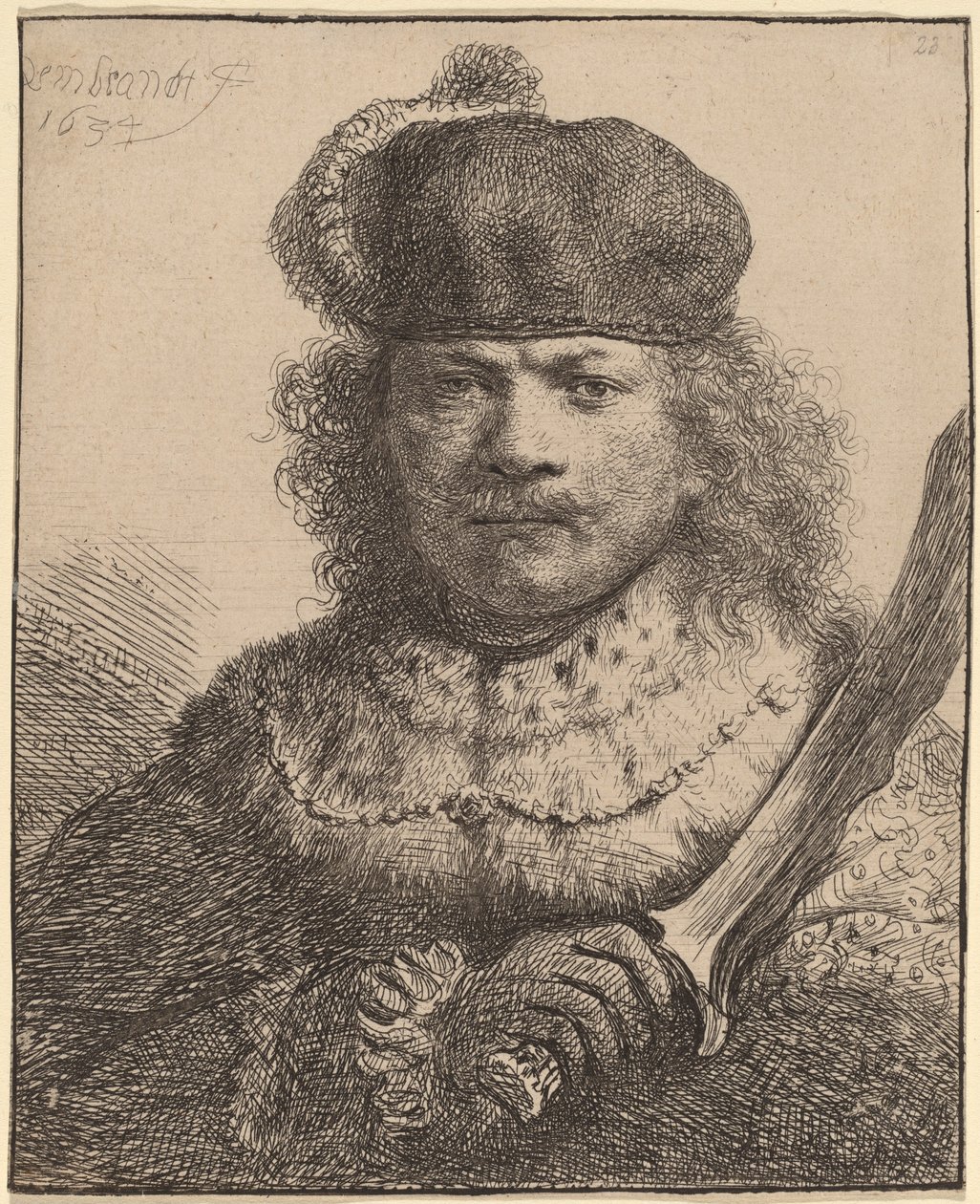 Yükseltilmiş Kılıçlı Otoportre by Rembrandt van Rijn