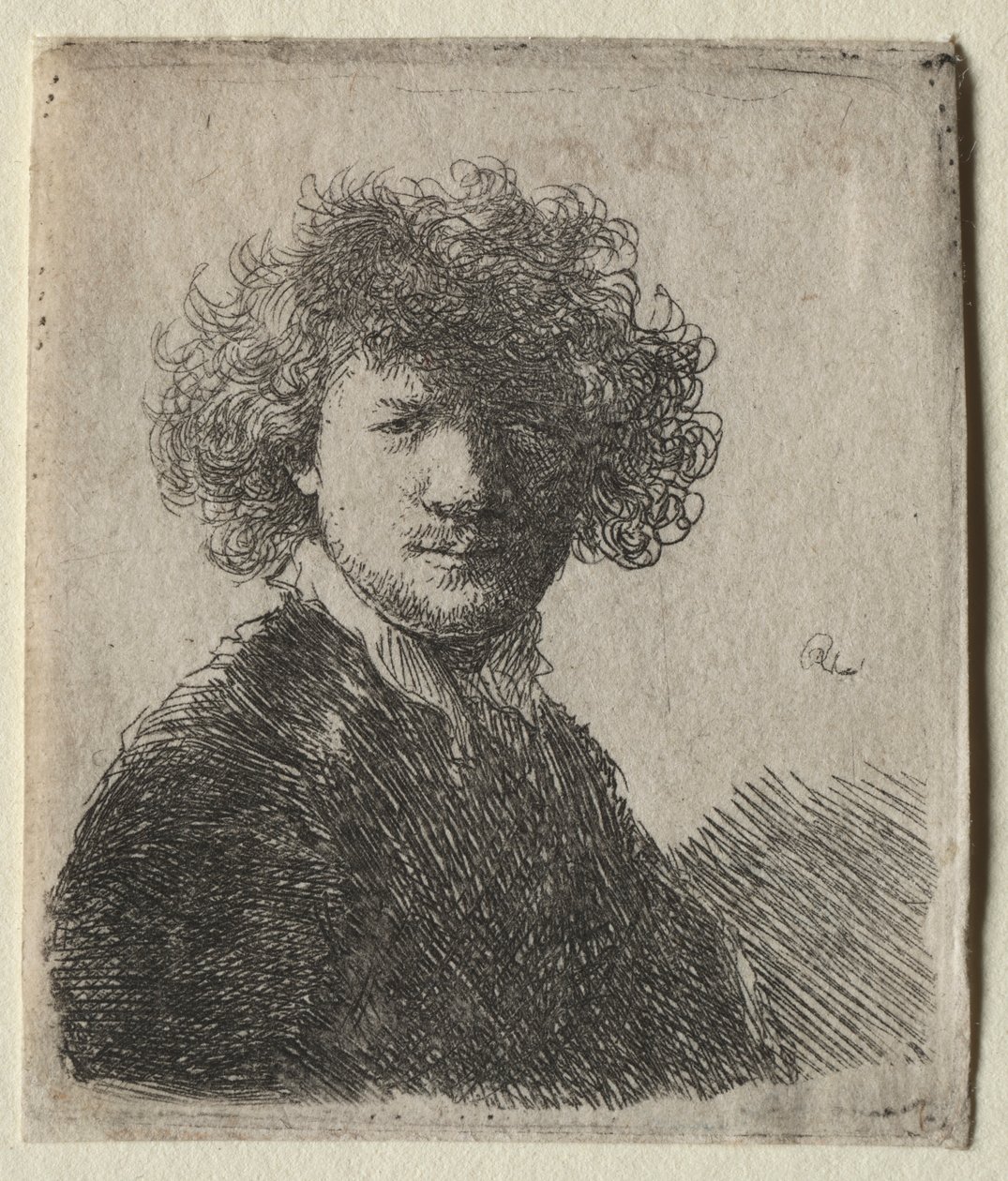 Kıvırcık saçlı ve beyaz yakalı Otoportre: Göğüs, c. 1630. by Rembrandt van Rijn