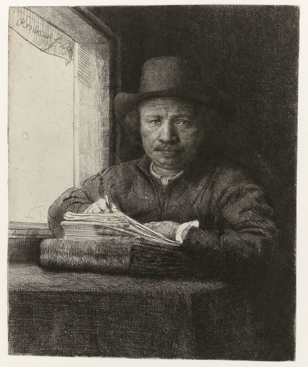 Otoportre, Pencerede Gravür Bir pencerede kendi kendine portre gravürü by Rembrandt van Rijn