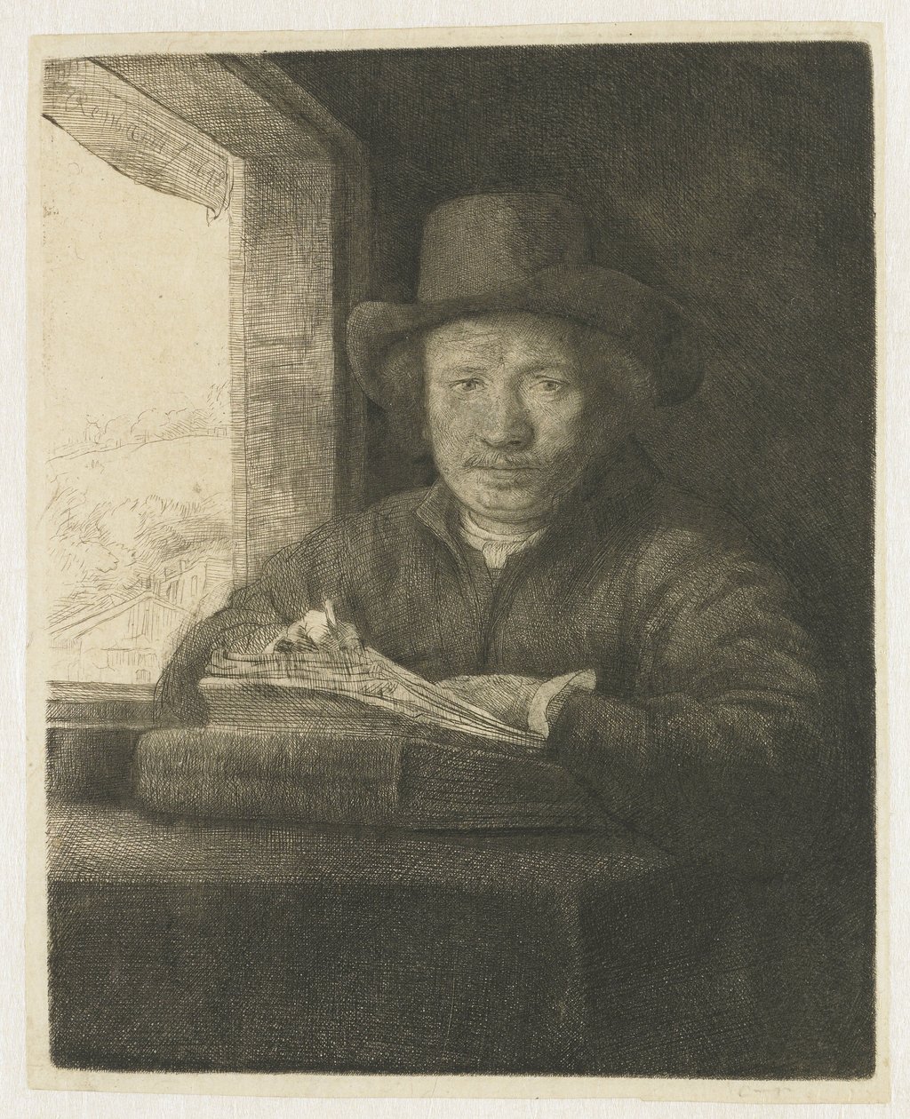 Bir pencerede kendi kendine portre gravürü by Rembrandt van Rijn