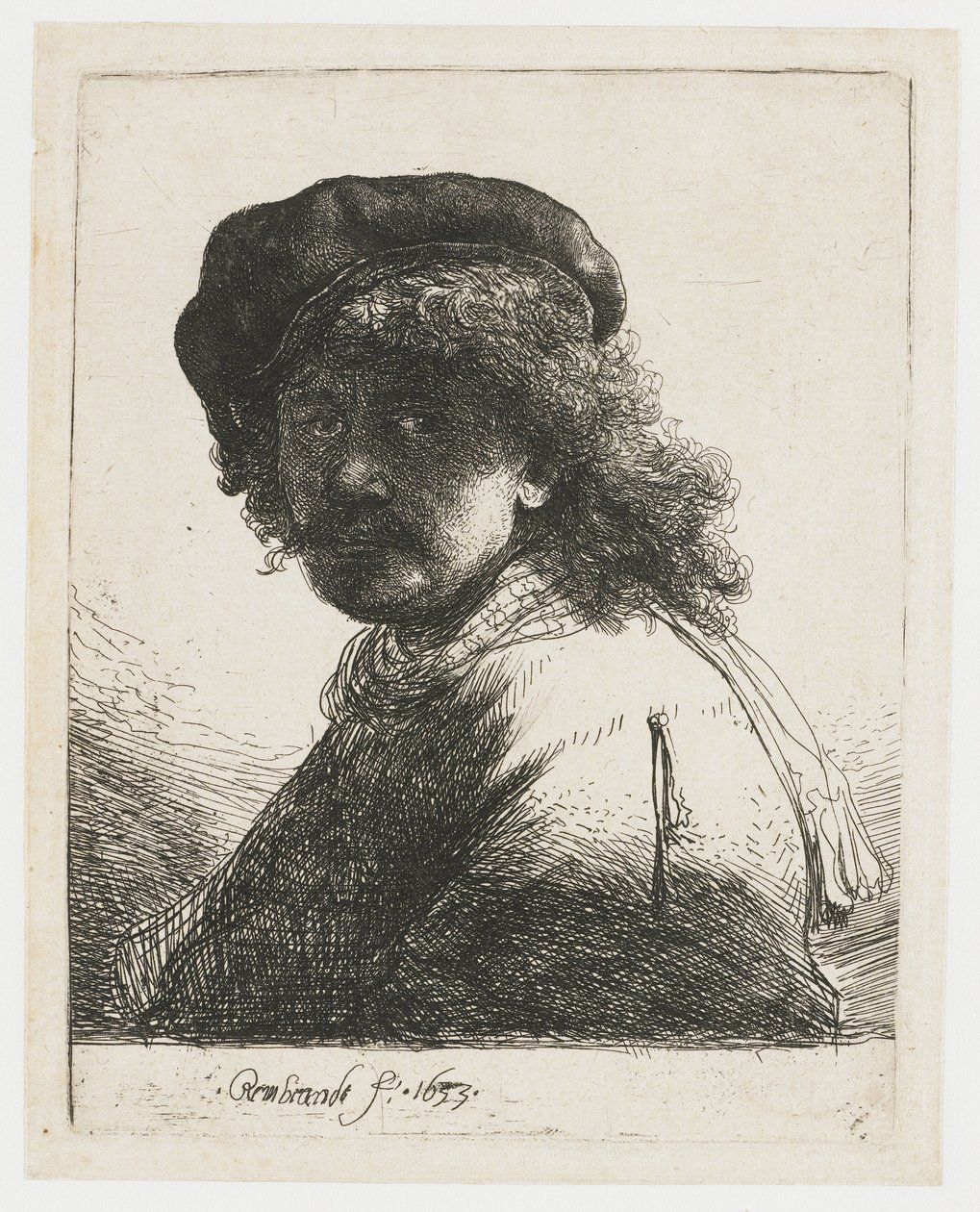 Şapkalı ve Eşarplı Otoportre Şapkalı ve atkılı otoportre, yüzü koyu renk: büst by Rembrandt van Rijn