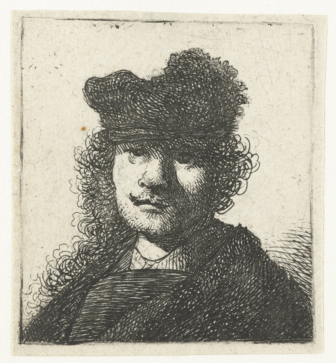 Şapkalı ve koyu renkli pelerinli otoportre: büst by Rembrandt van Rijn
