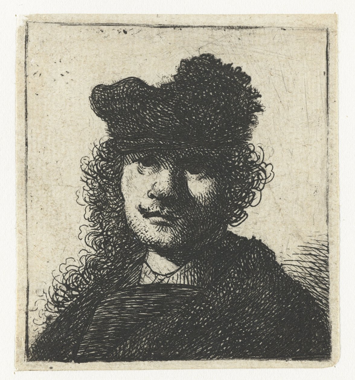 Şapkalı ve koyu renkli pelerinli otoportre: büst by Rembrandt van Rijn