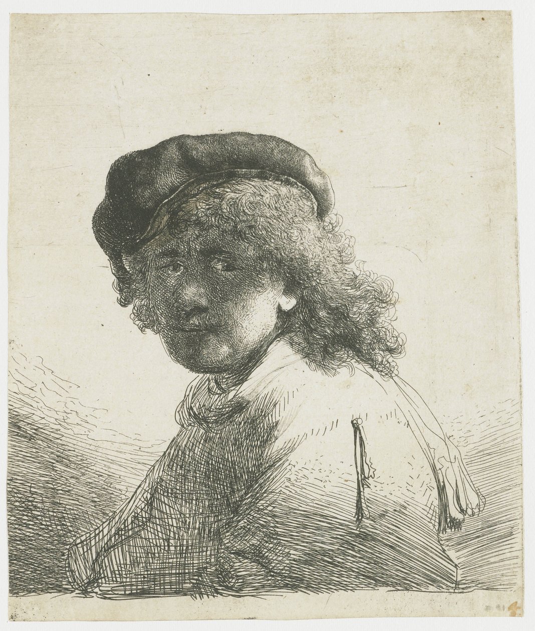 Şapkalı ve atkılı, yüzü koyu renkli otoportre: büst by Rembrandt van Rijn