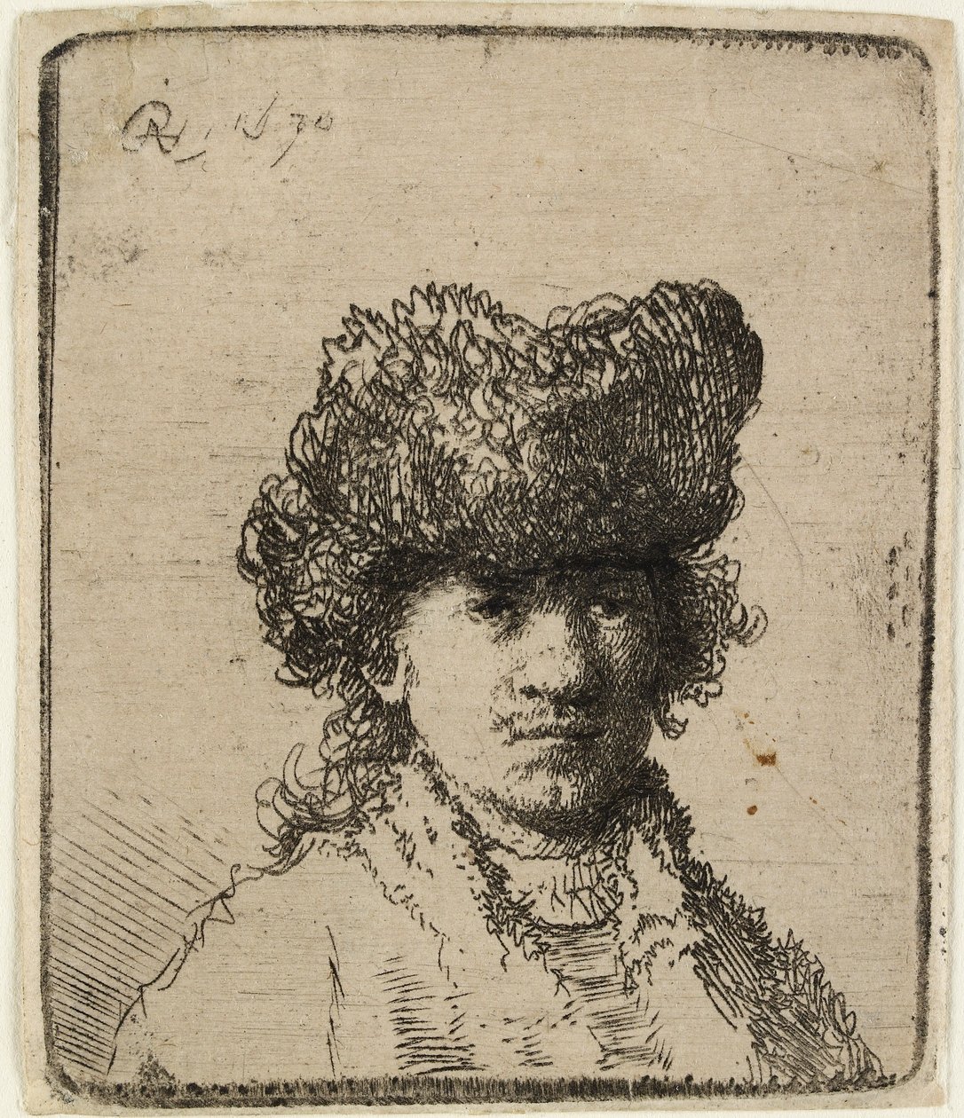Kürk şapkalı otoportre: büst, 1630. by Rembrandt van Rijn