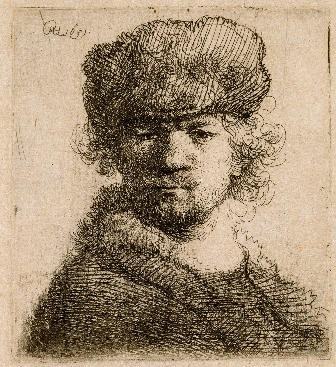 Ağır kürk şapkalı otoportre: büst, 1631. by Rembrandt van Rijn