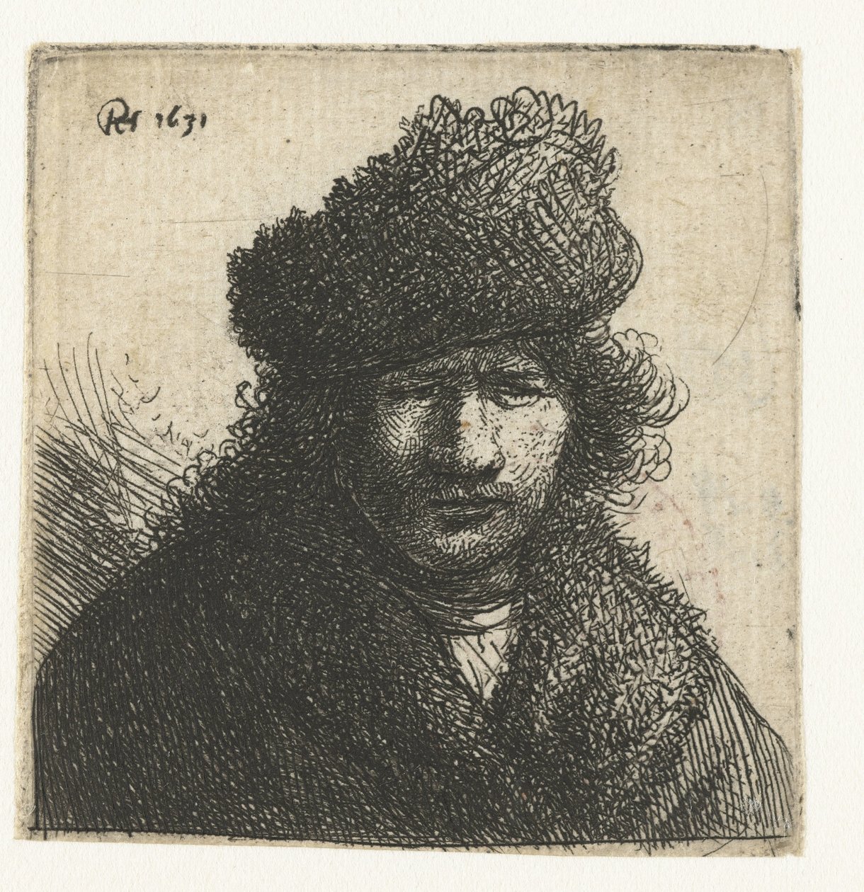 Eğik kürk şapkalı otoportre: büst by Rembrandt van Rijn
