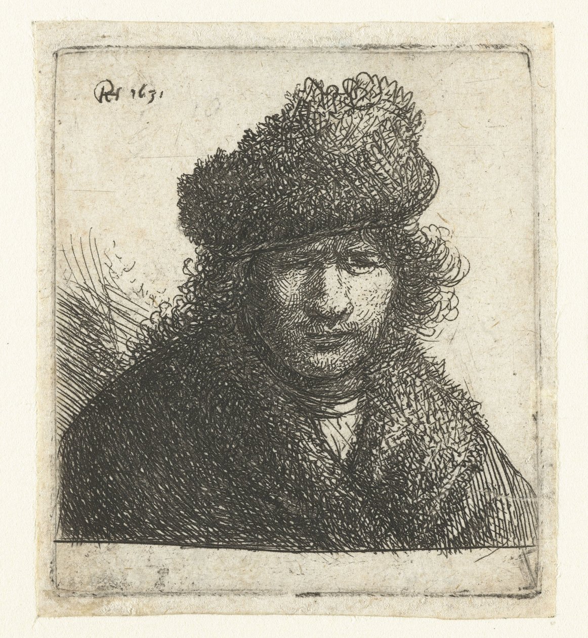 Eğik kürk şapkalı otoportre: büst by Rembrandt van Rijn