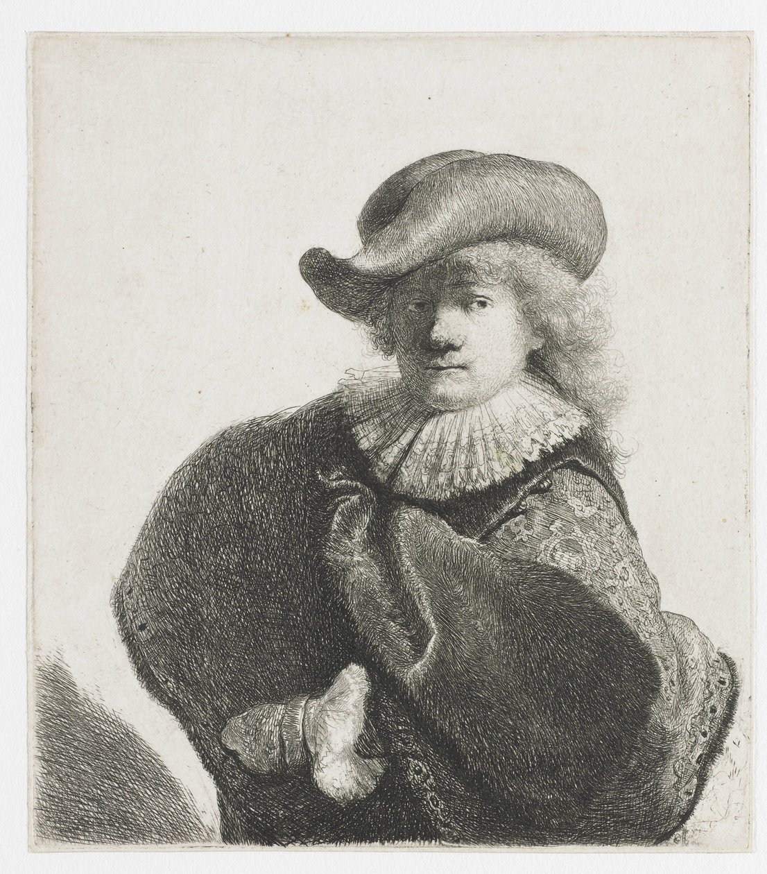 Yumuşak şapkalı ve desenli pelerinli otoportre by Rembrandt van Rijn