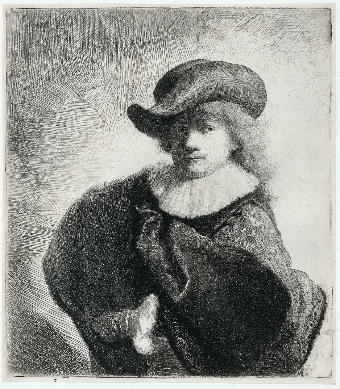 Yumuşak şapkalı ve işlemeli pelerinli otoportre, 1631. by Rembrandt van Rijn