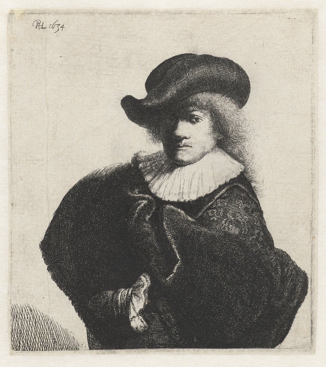 Yumuşak şapkalı ve işlemeli pelerinli otoportre, 1634. by Rembrandt van Rijn