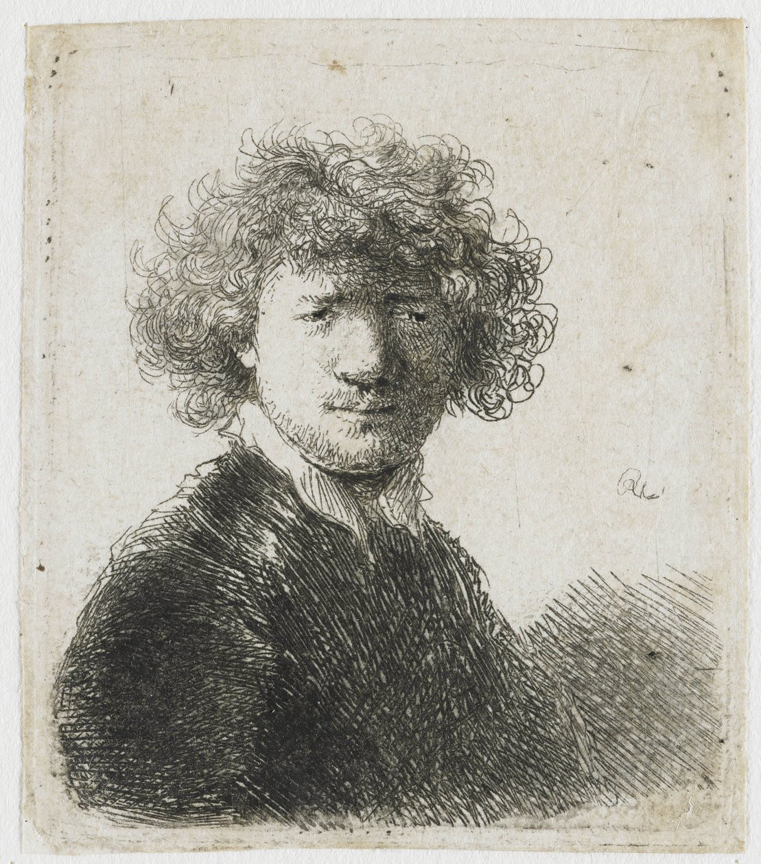 Kıvırcık saçlı ve beyaz yakalı otoportre: büst by Rembrandt van Rijn