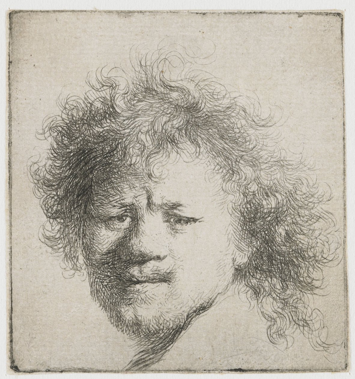 Uzun gür saçlı otoportre: sadece kafa by Rembrandt van Rijn