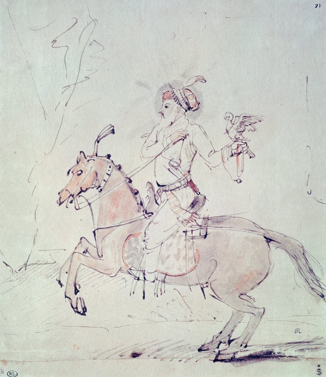 Şah Cihan at sırtında şahin (kağıt üzerinde kalem ve mürekkep ve wc) by Rembrandt van Rijn