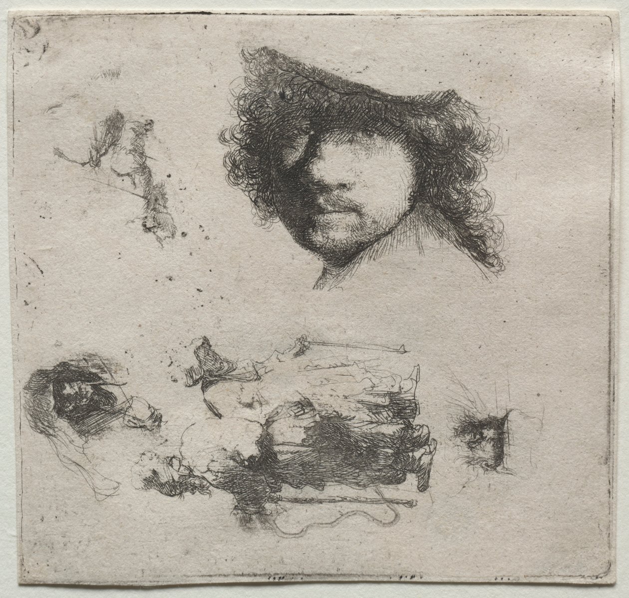 Çalışma Sayfası: Otoportre, Dilenci Çift, vb., c. 1632. by Rembrandt van Rijn