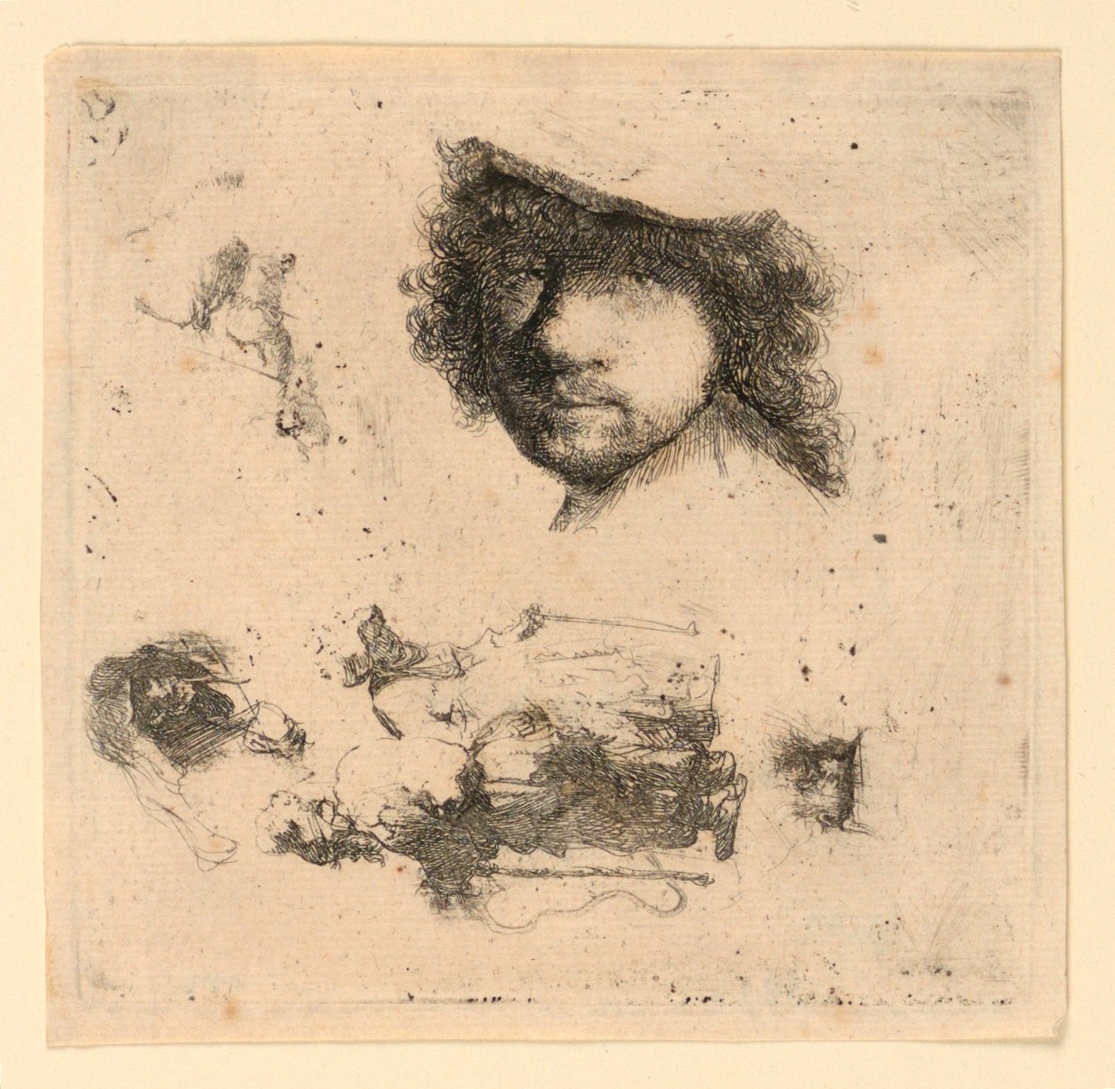 Çalışma Sayfası: Otoportre, Dilenci Çift, Yaşlı Bir Adamın ve Yaşlı Kadının Başları, vb. by Rembrandt van Rijn