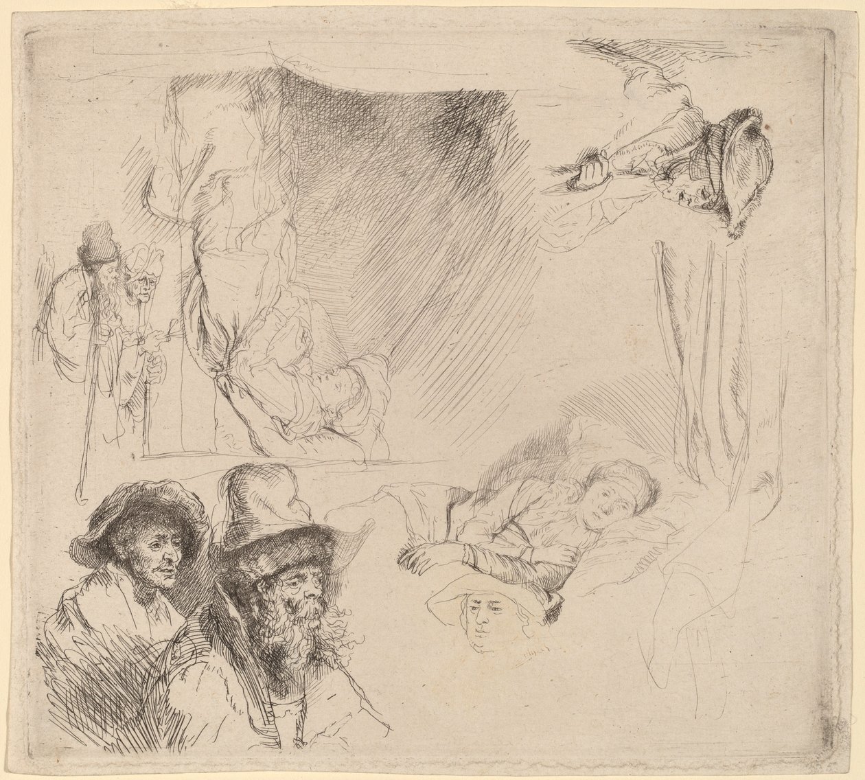 Yatakta Hasta Yatan Bir Kadını İçeren Çalışmalar Sayfası by Rembrandt van Rijn