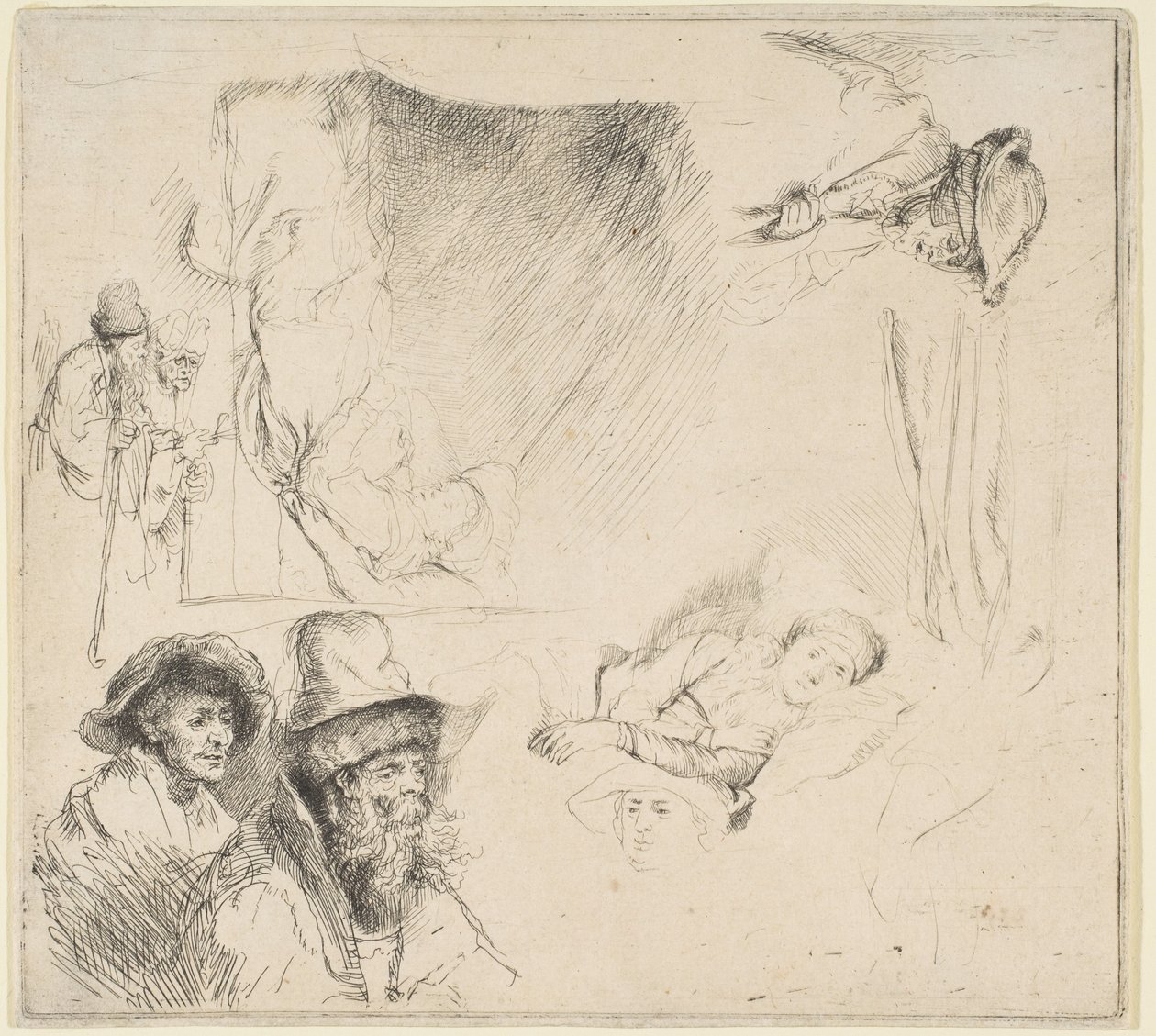 Yatakta Hasta Yatan Bir Kadınla Çalışma Sayfası, vb., yakl. 164142. by Rembrandt van Rijn