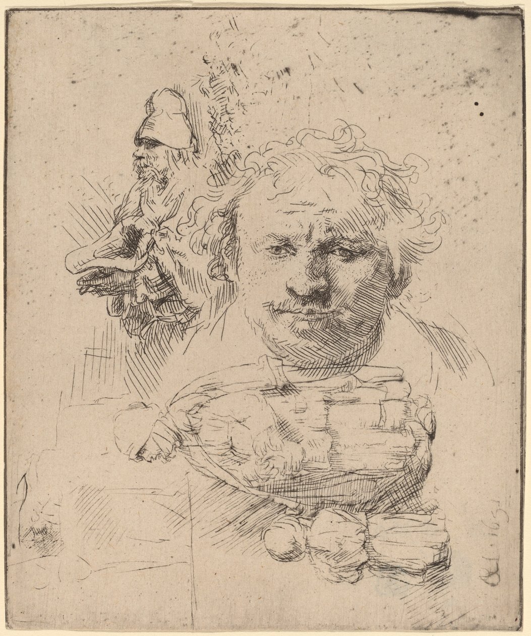 Sanatçının Başkanı, Bir Dilenci Adam, Kadın ve Çocuk ile Çalışma Sayfası by Rembrandt van Rijn