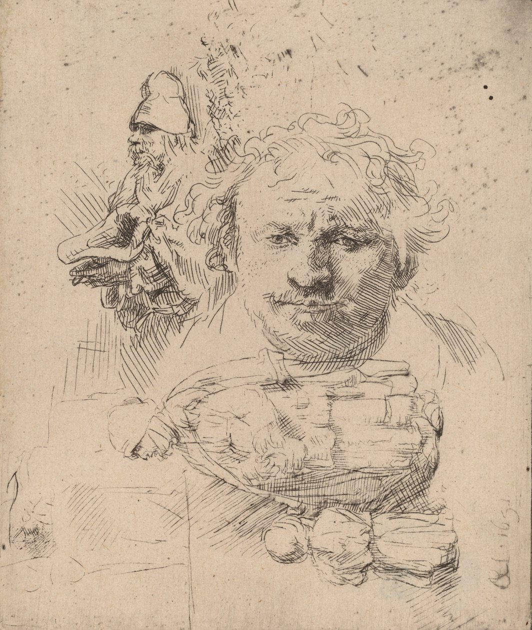 Sanatçının Başkanı, Bir Dilenci Adam ve Kadın ve Çocuk ile Çalışmalar Sayfası, 1651. by Rembrandt van Rijn