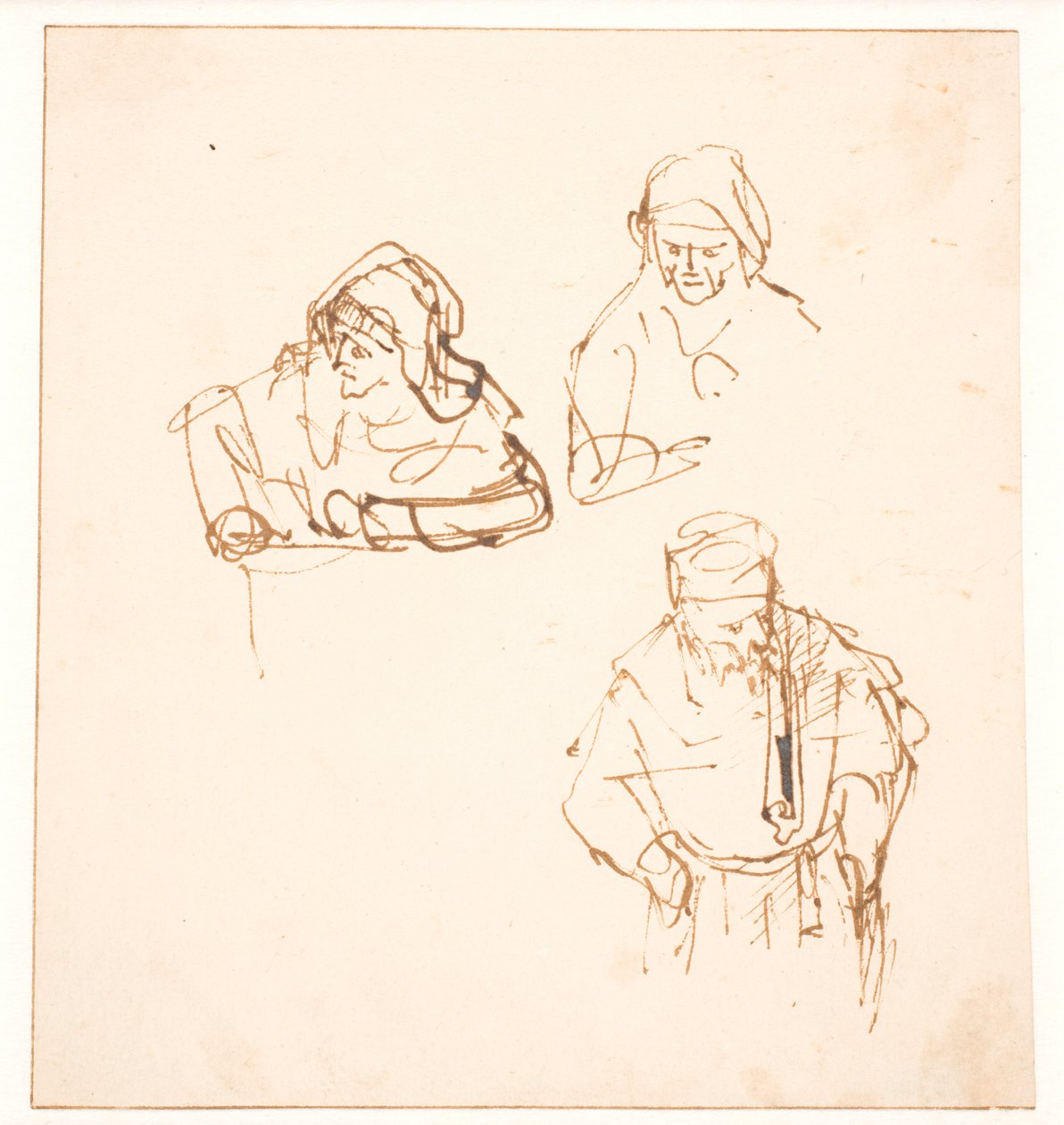 İki Kadın Çalışması ve bir Erkek Çalışması ile eskiz by Rembrandt van Rijn