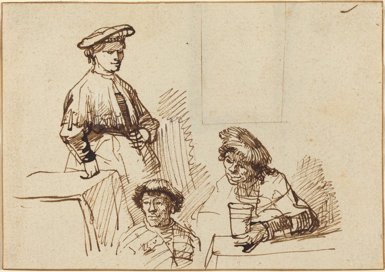 Bir Tavernadan Eskizler: Ayakta Duran Kadın ve Oturan İki Adam by Rembrandt van Rijn